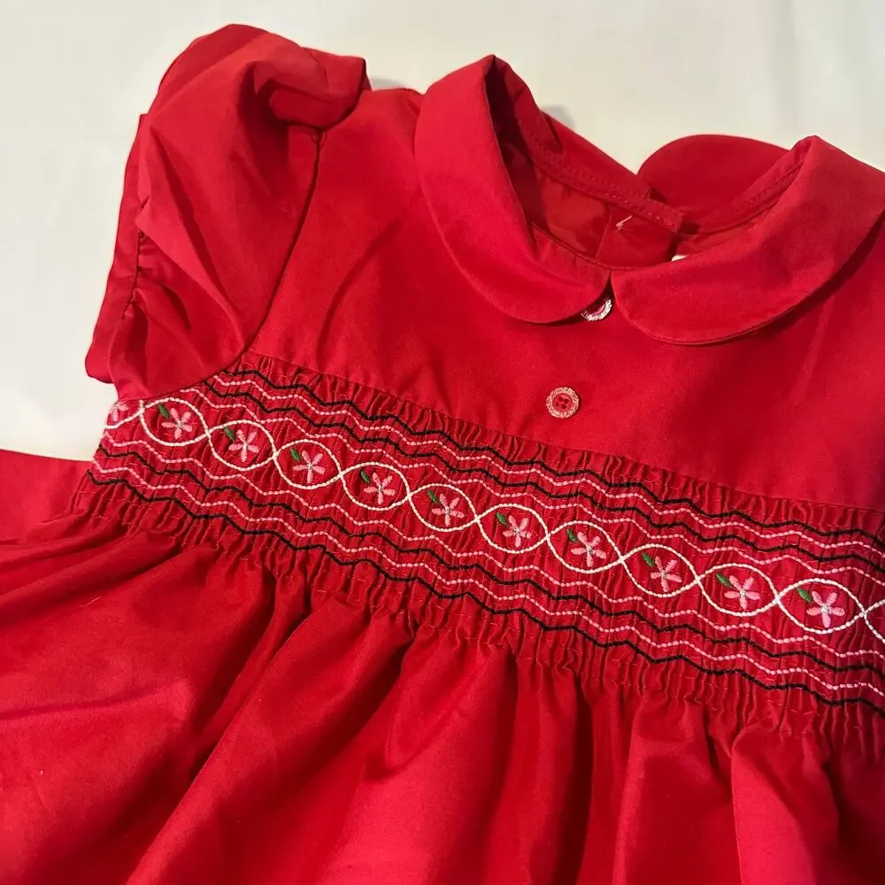 OshKosh B'gosh Red Peter Pan Collar Holiday Christmas Floral Embroidered Dress